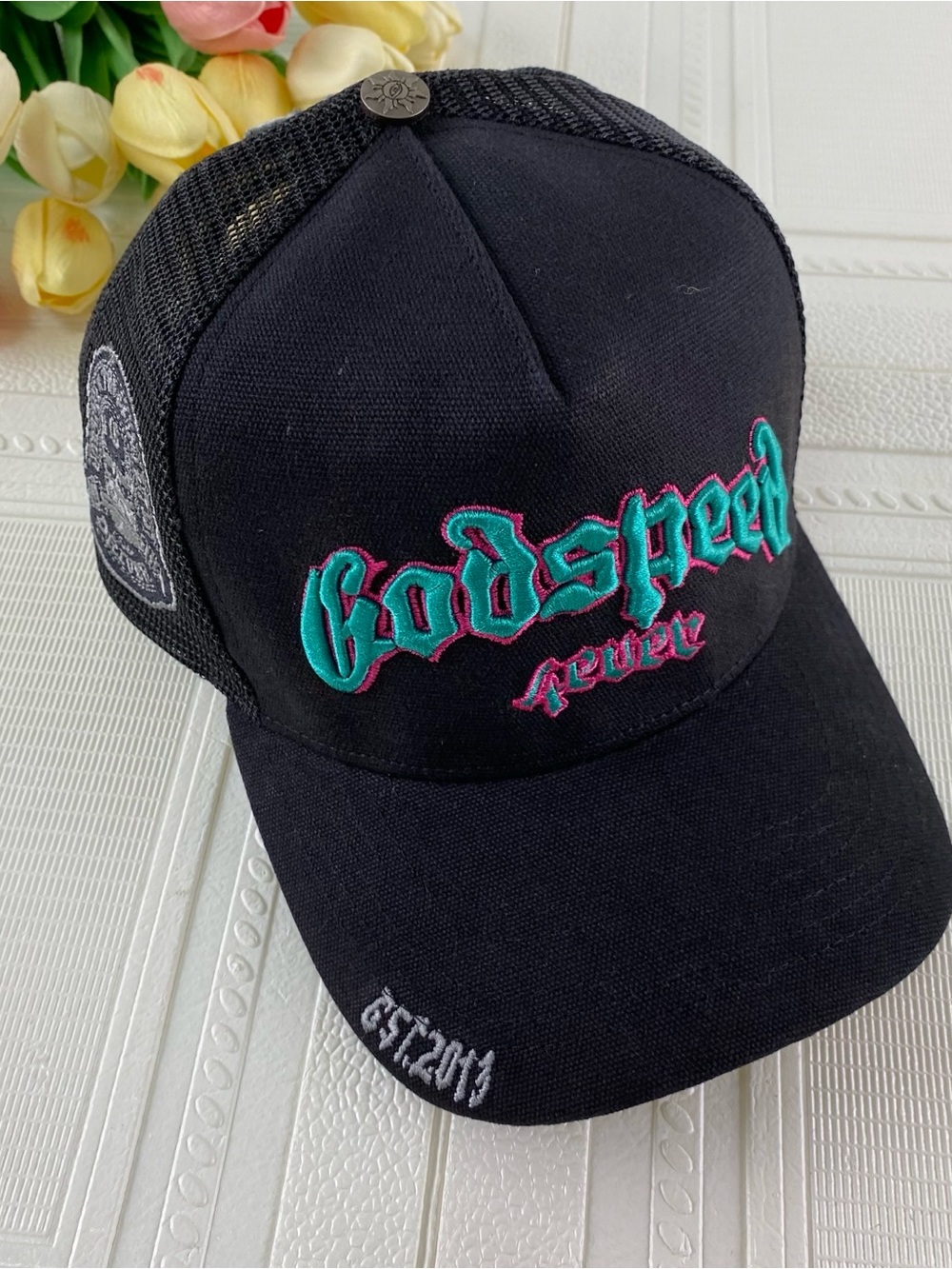 Godspeed Embroidered Black Mesh Trucker Hat
